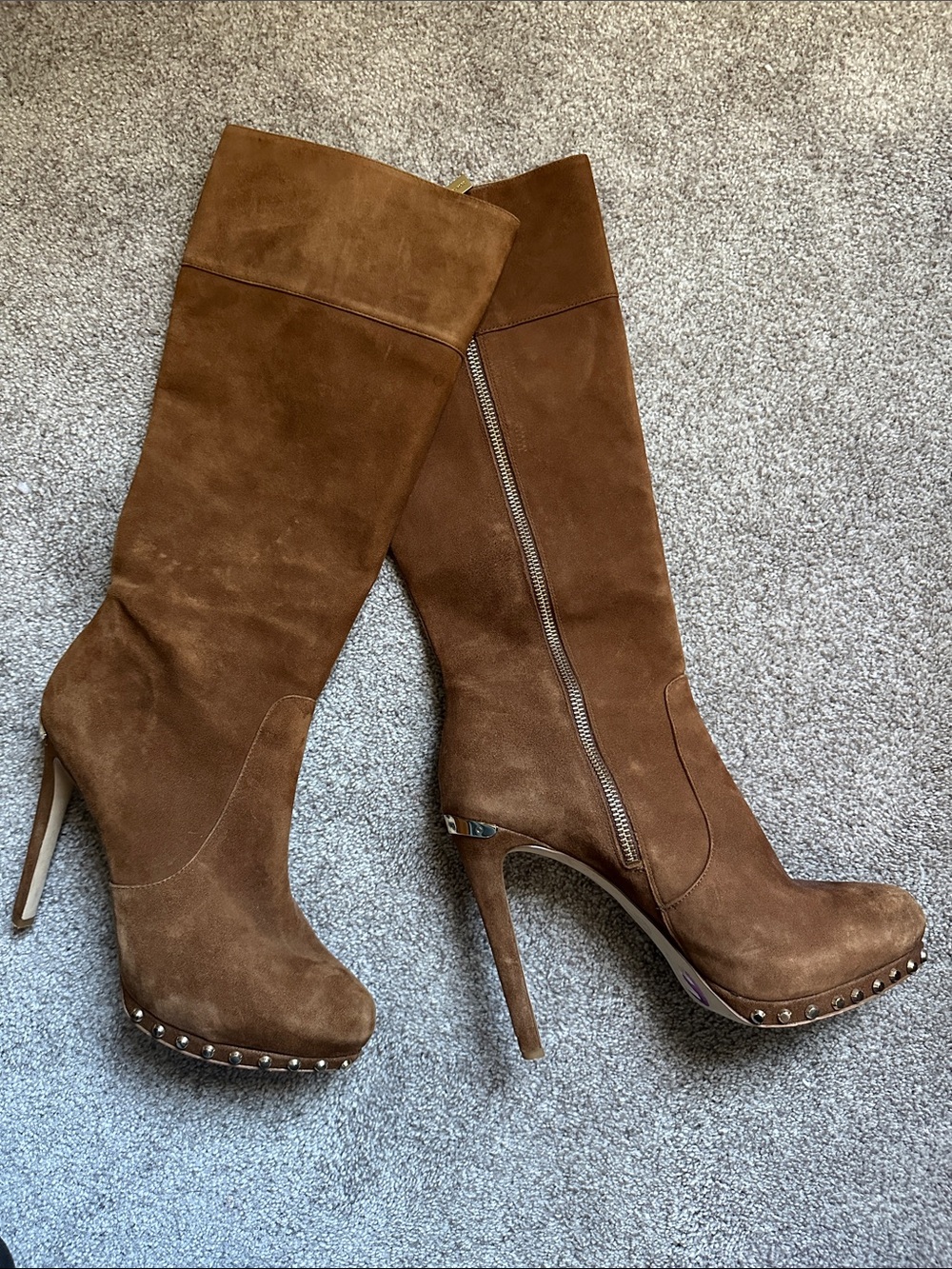 Michael Kors Chestnut Suede Knee-High Stiletto Boots with Studded Platform
